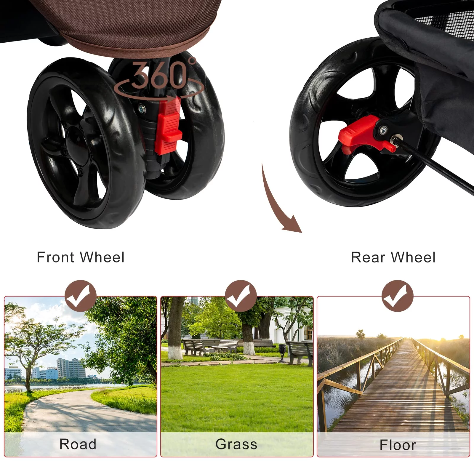 Kinbor Folding Dog Stroller - Pet Stroller w/3 Wheels, Storage Basket and Removable Liner, Leopard Brown