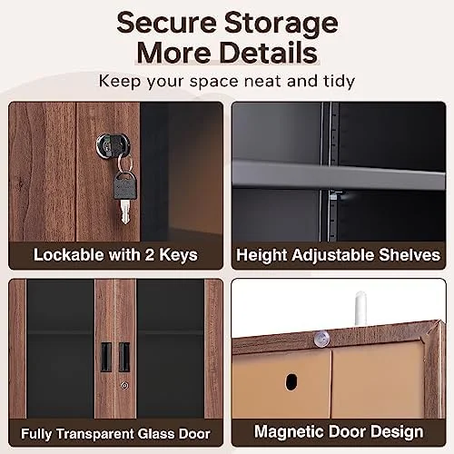 YFbiubiulife Glass Display Cabinet Curio Cabinet with Glass Door and Adjustable Shelves  71" Tall Freestanding Steel Kitchen Pantry Cabinet Bookcase Metal Locker  Cabinet for Home  Li