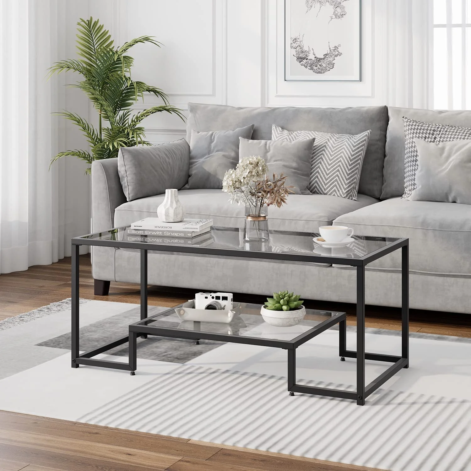 U-SHARE Coffee Table, Black Modern Tempered Glass Coffee Table, 45 Inch Rectangular Center Table with Glass-Top Lower Storage Shelf, Sturdy Metal Frame, for Living Room Home Office