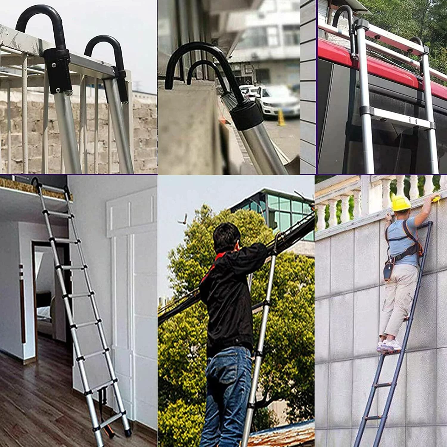 Telescoping Ladder with 2 Detachable Roof Hooks, 10 FT Aluminum Extension Ladder Step Ladders Loft Ladder Attic Ladder Collapsible Ladders for Home, Multi-Purpose Telescopic Ladder, 330 lb Capacity