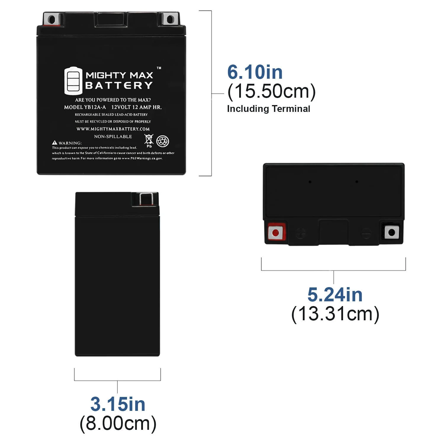 YB12A-A -12 Volt 12 AH, 165 CCA, Rechargeable Maintenance Free SLA AGM Motorcycle Battery