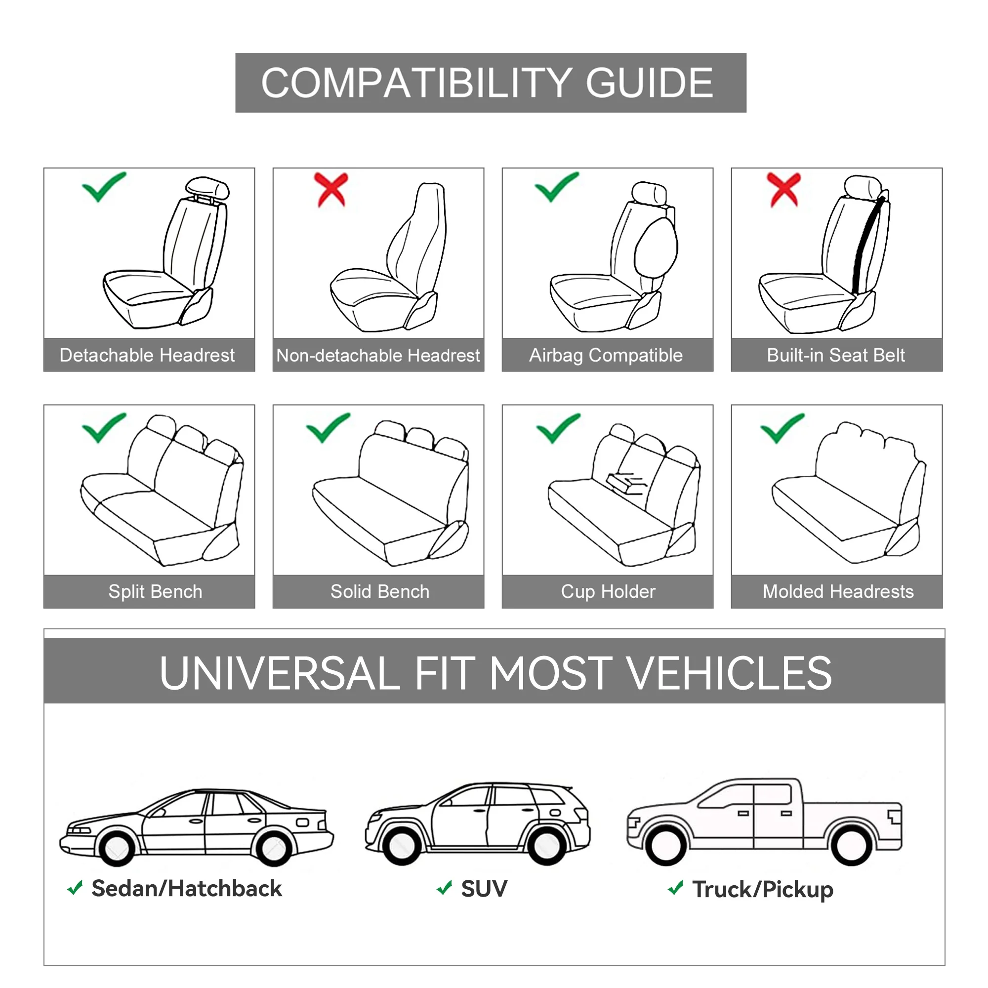 Ocervd 9 Pcs Universal Faux Leather Car Seat Covers Full Set,Auto Interior Accessories 5 Seat Covers All Season Fit for SUV,Sedan,Van, Airbag Compatible