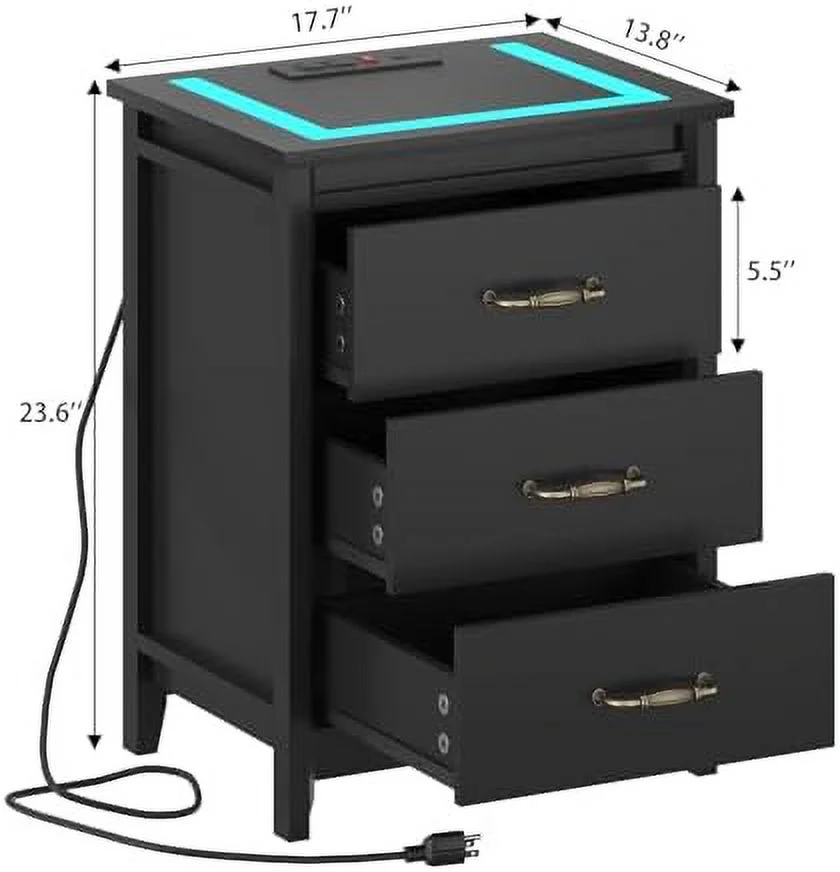 GEROBOOM Nightstand with Charging Station & LED Lights  Bedside Table Night Stand for Bedroom  LED Nightstand with Drawers  End Table with USB Ports & 2 AC Outlets  Black