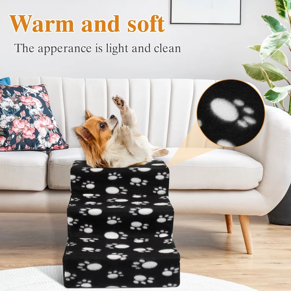 Vivifying Pet Stairs 3 Steps Indoor Dog Cat Steps Bed Ramp for Puppies up to 45 lbs Black with Paw