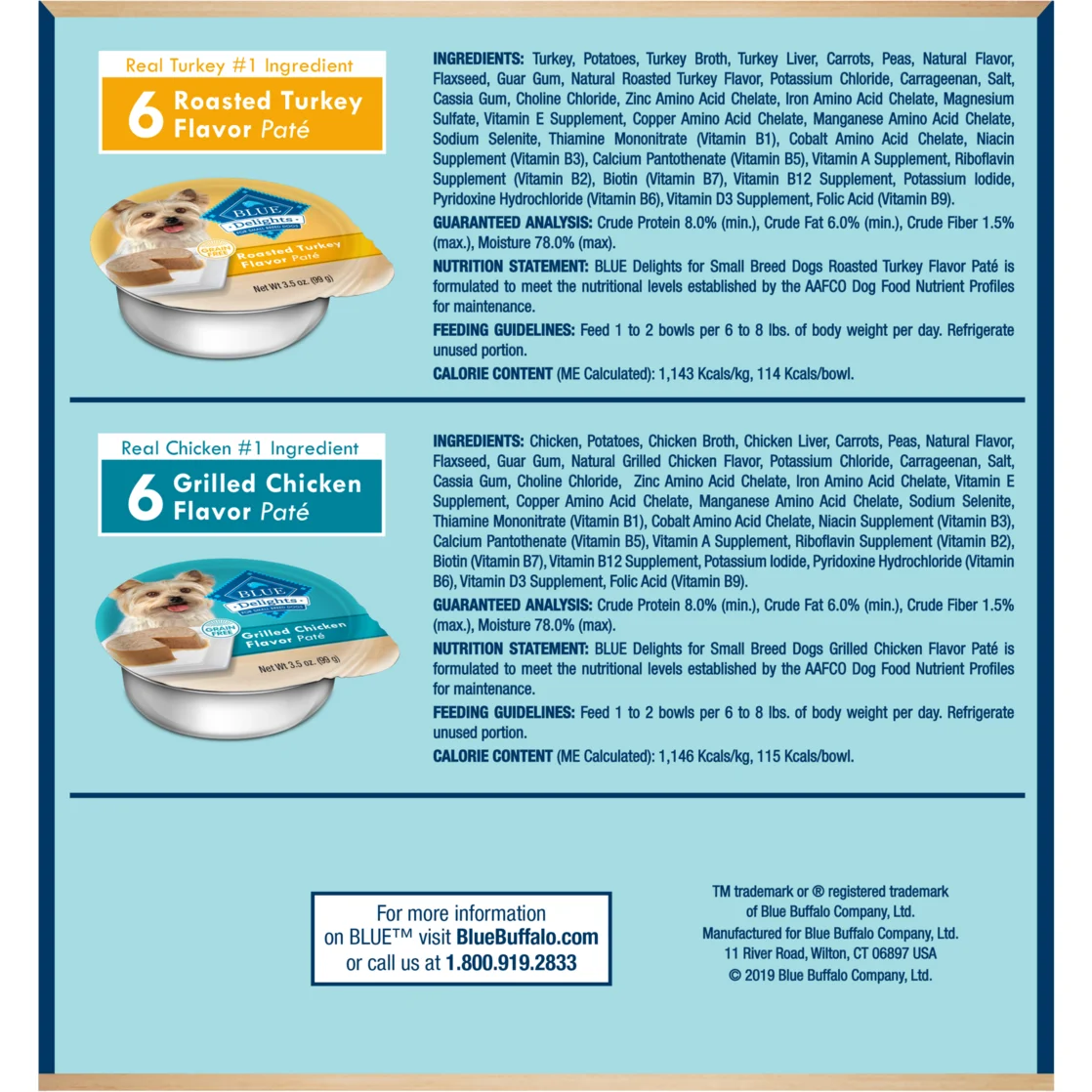 Blue Buffalo Delights Small Breed Roasted Turkey & Grilled Chicken Pate Wet Dog Food Variety Pack for Adult Dogs, Grain-Free, 3.5 oz. Cups (12 Pack)