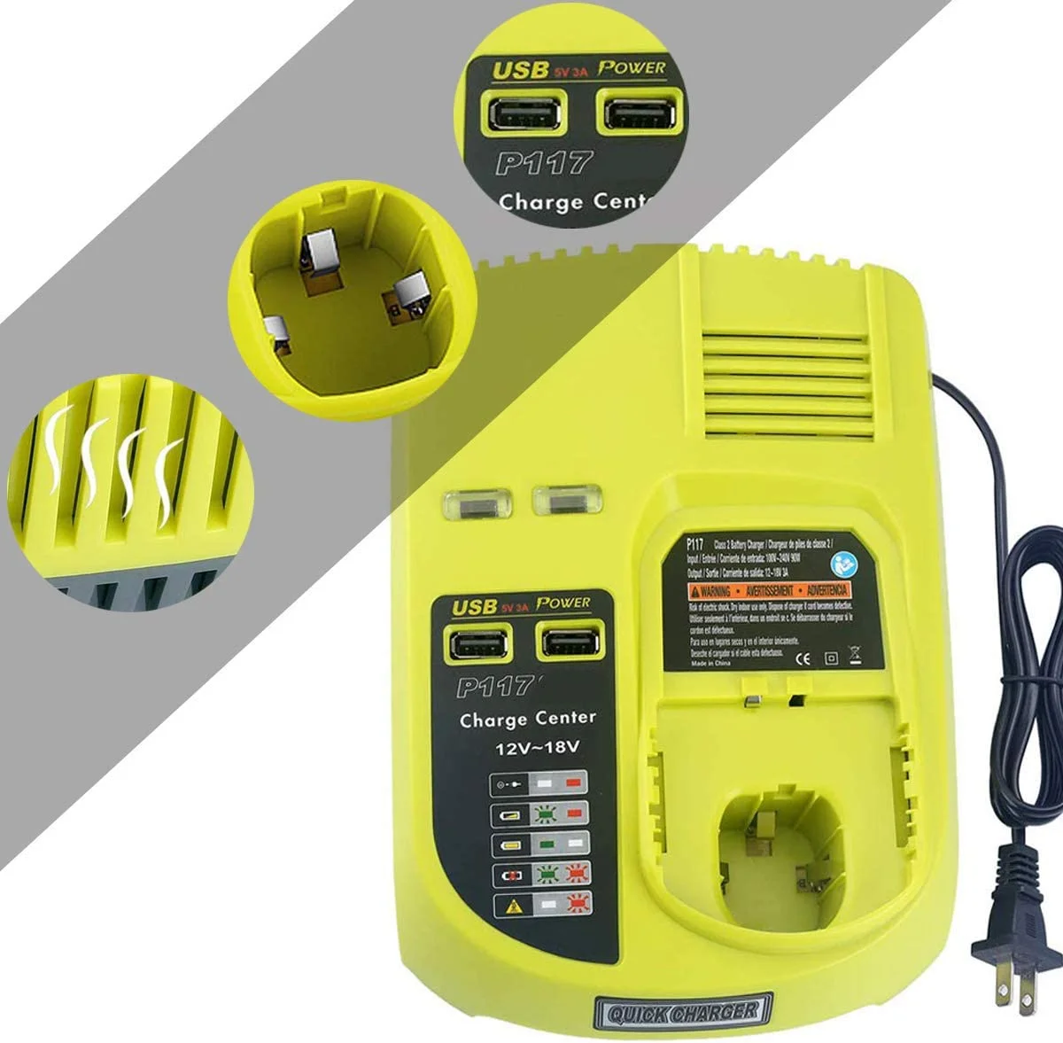 Vinida P117 Dual Chemistry Battery Charger Replacement for Ryobi 18V Battery Charger+ 2PACK FOR Ryobi 130429054 Battery 18V 4000mAh Li-ion Black P104