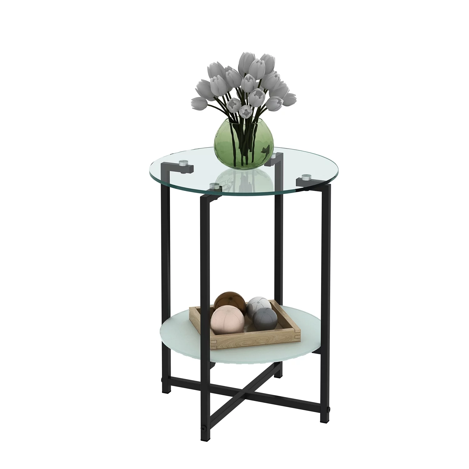 Elegant and Modern 2-Layer Black Tempered Glass End Table  Stylish Round Coffee Table for Office  Living Room  and Bedroom