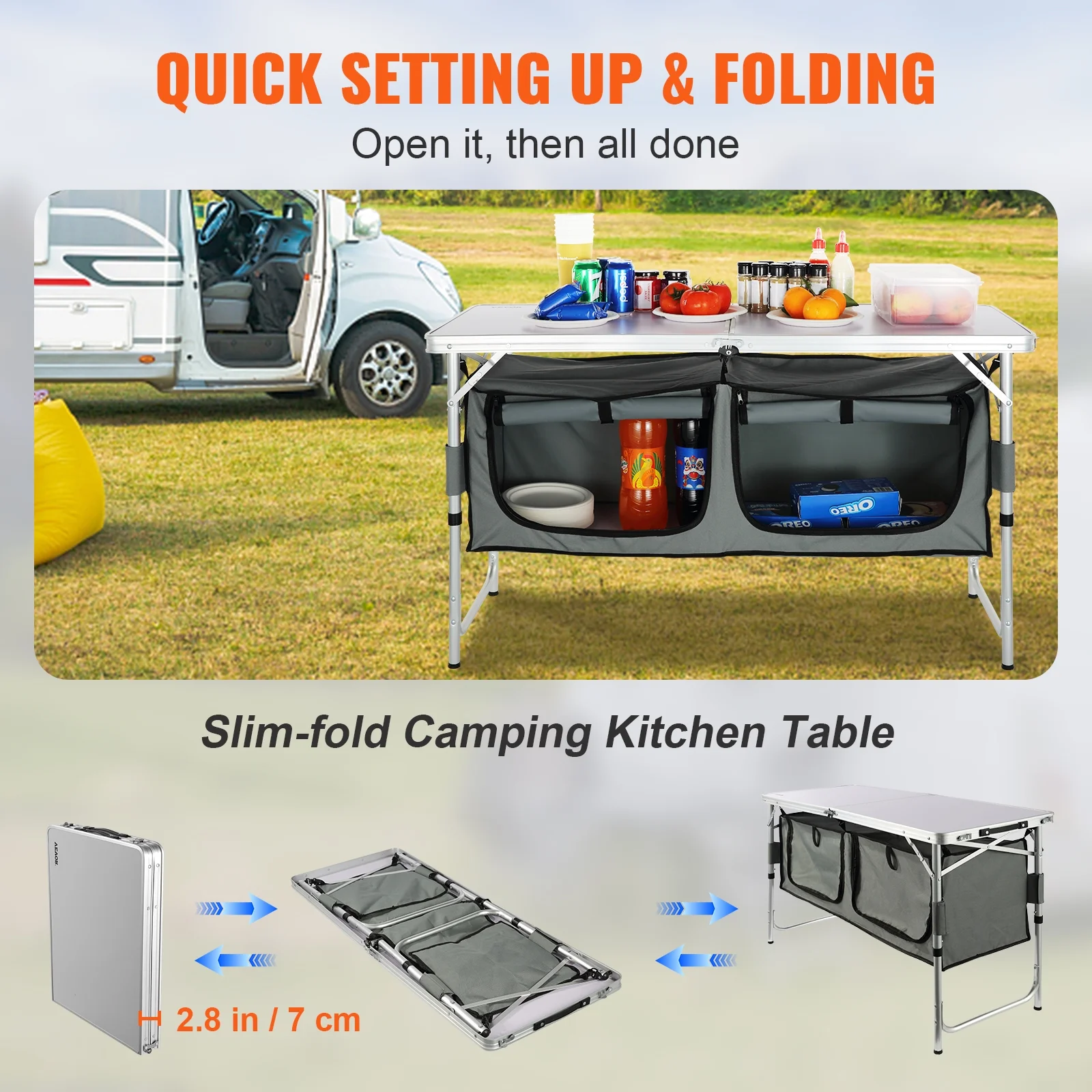VEVOR Camping Kitchen Table Portable Outdoor Cooking Table Folding Camping Table, Adjustable Heights, Ideal for Outdoor Picnics, BBQs, Camping, RV Traveling, Gray