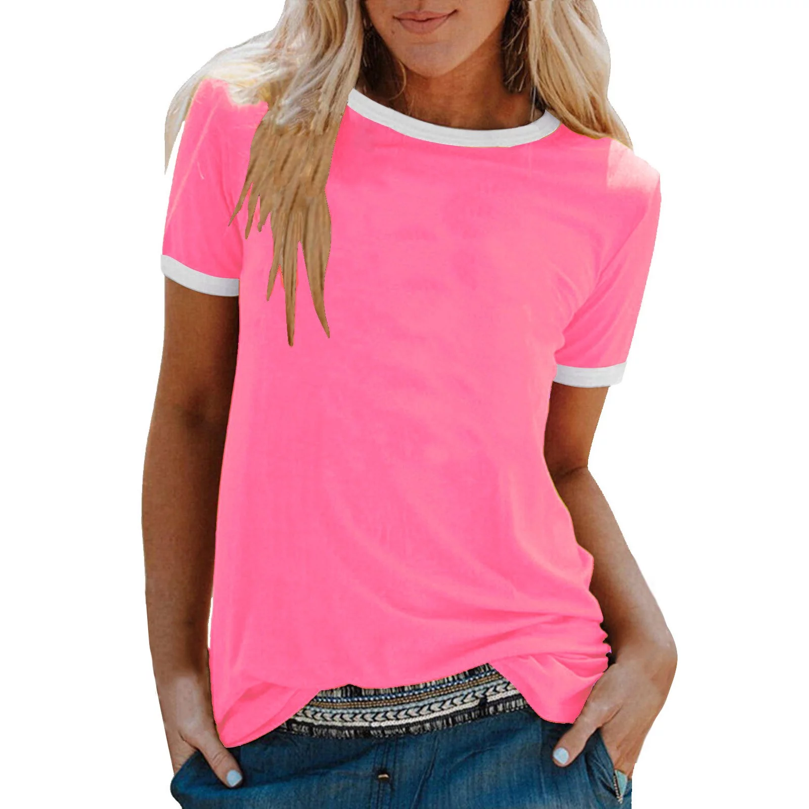 Wendunide 2024 Clearance Sales, Shirts for Women, Women Fashion Casual Print O-Neck Loose Short Sleeve T-Shirt Top Blouse Pullover Pink L