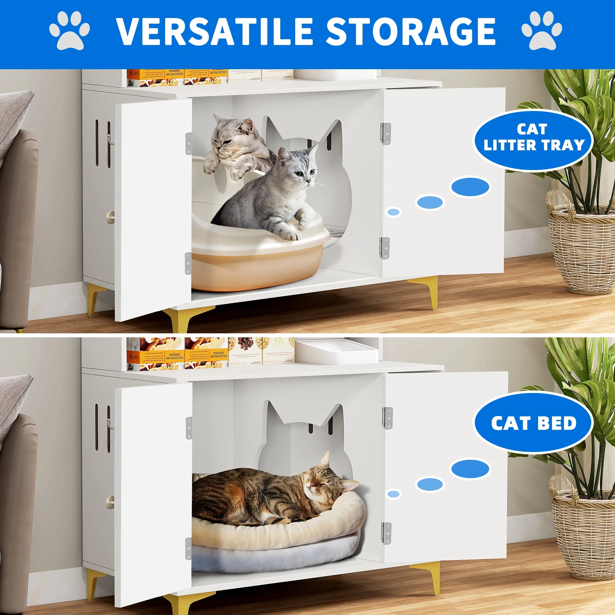 Dextrus Large Hidden Cat Litter Box Furniture With Charging Station and 3 Storage Shelves and Doors, Cat Litter Box Enclosure, Wood Cat Washroom Storage Indoor Cat House Furniture , White & Gold