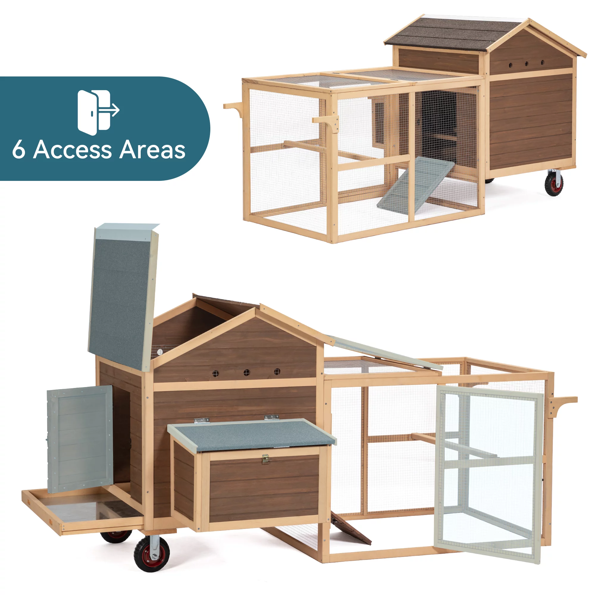 81”L Movable Chicken Coop with Wheels for 4-6 Chickens, Outdoor Chicken Coop with Run and Nesting Box Wooden Duck House Poultry Cage Chicken Hutch with Ramps for Hens Ducks and Rabbits