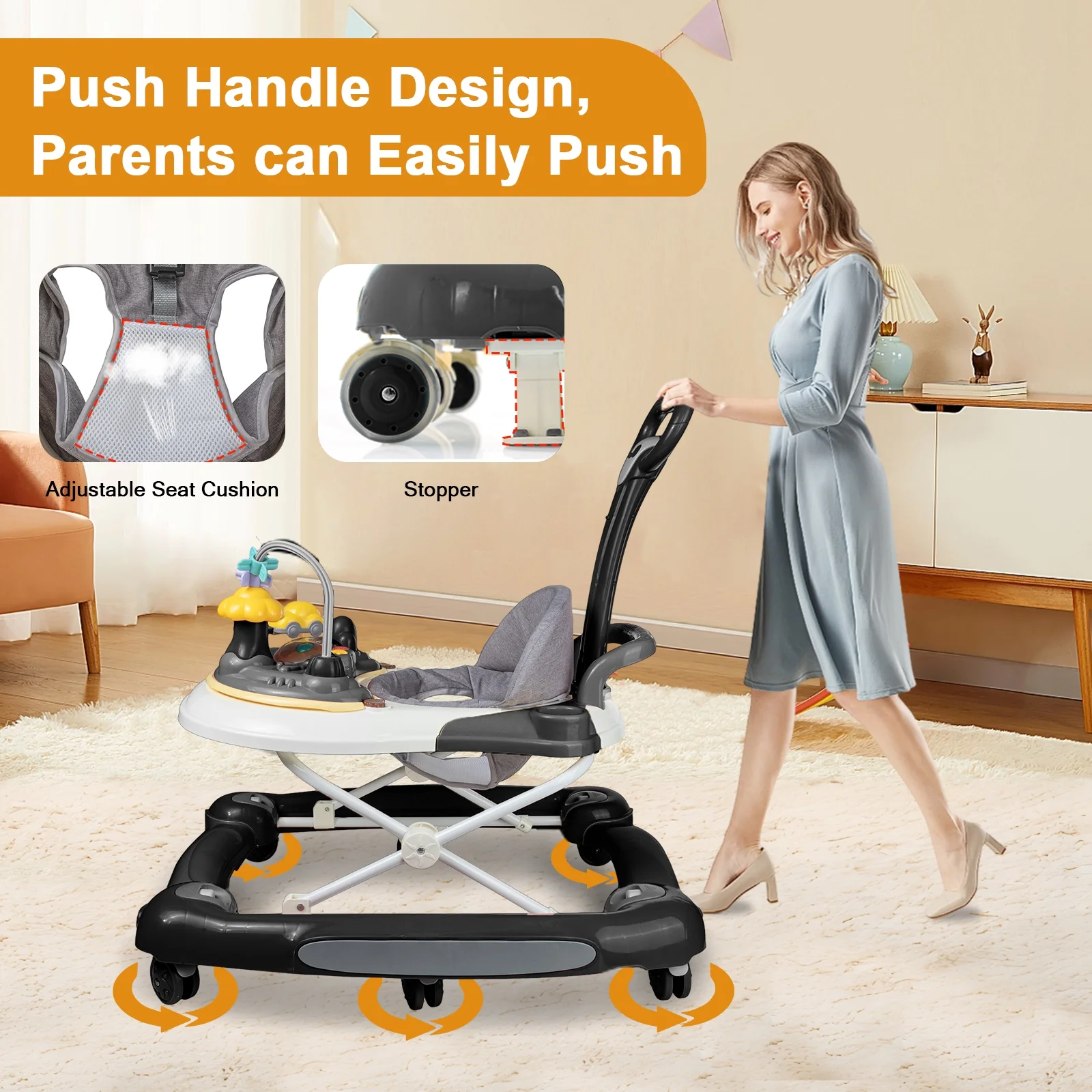 ANJORALA Baby Walker with Music and Toys, Infant Walker for Boys Girls, Adjustable Heights, Black