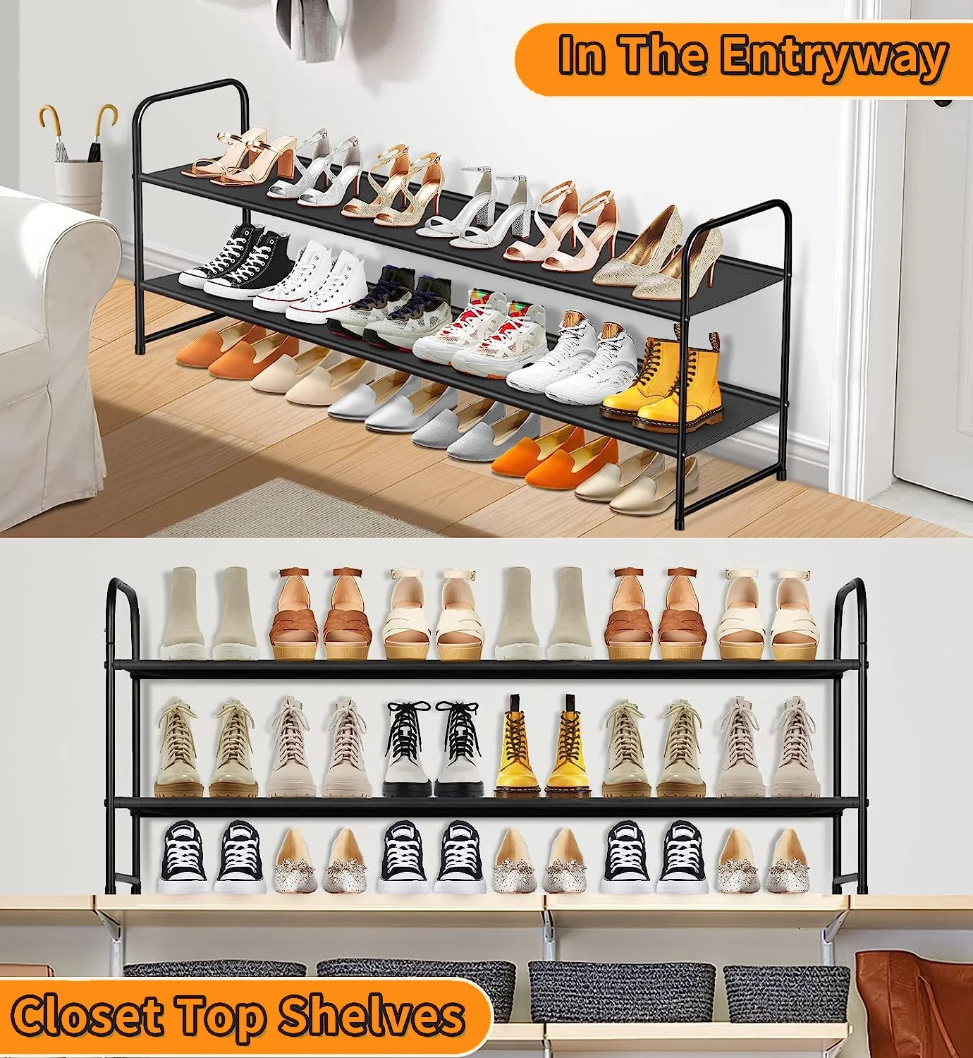 MISSLO Stackable Long Shoe Rack, 2-Tier Wide Shoe Rack Organizer Holds 18-Pairs Shoe Stand Shelf Storage for Closet, Bedroom, Floor, Entryway (Black)