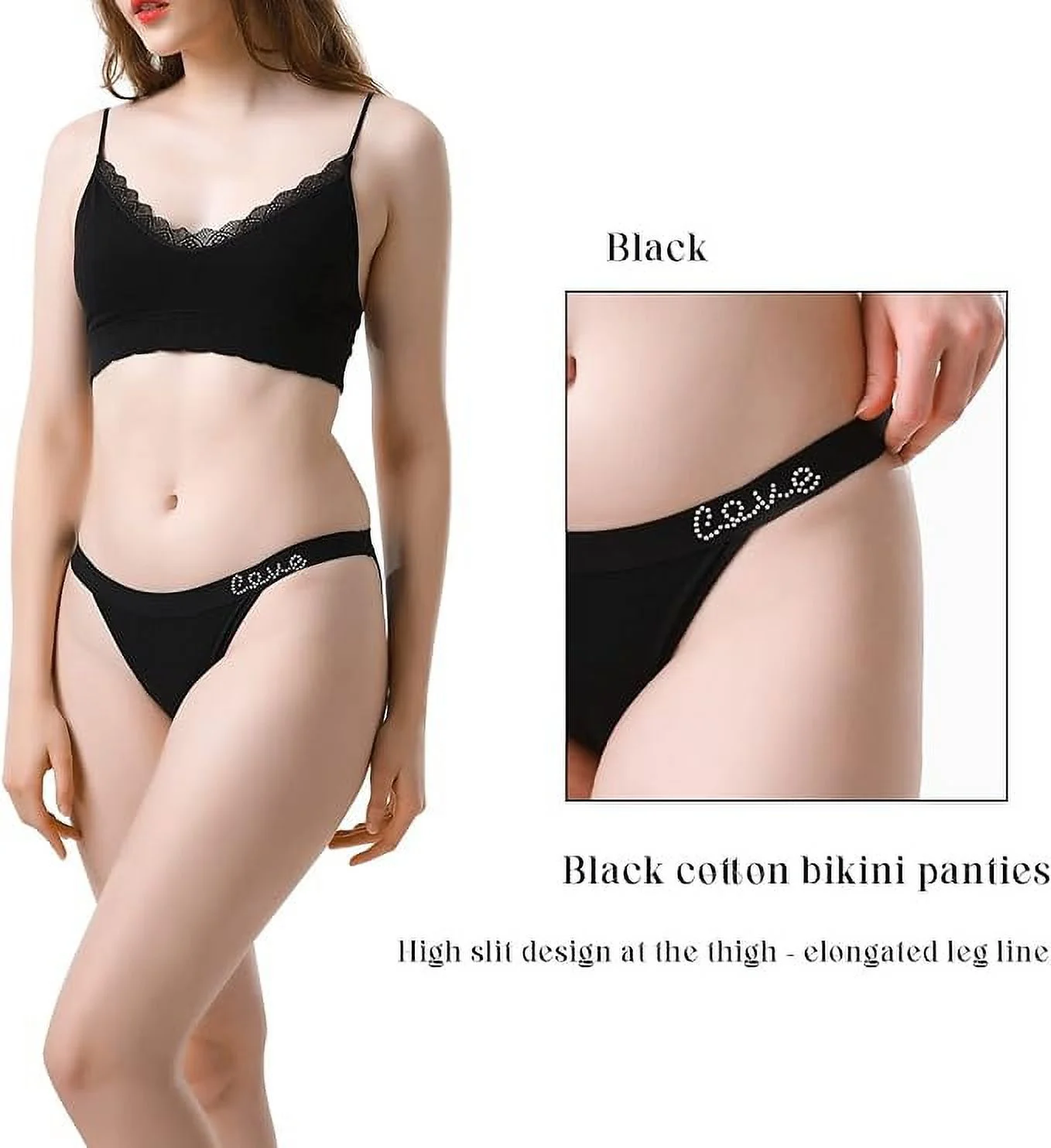 LEVAO Cotton Underwear Women Cheeky Panties Rhinestone Logo Low Rise String Bikini Panties 6 Pack S-XL