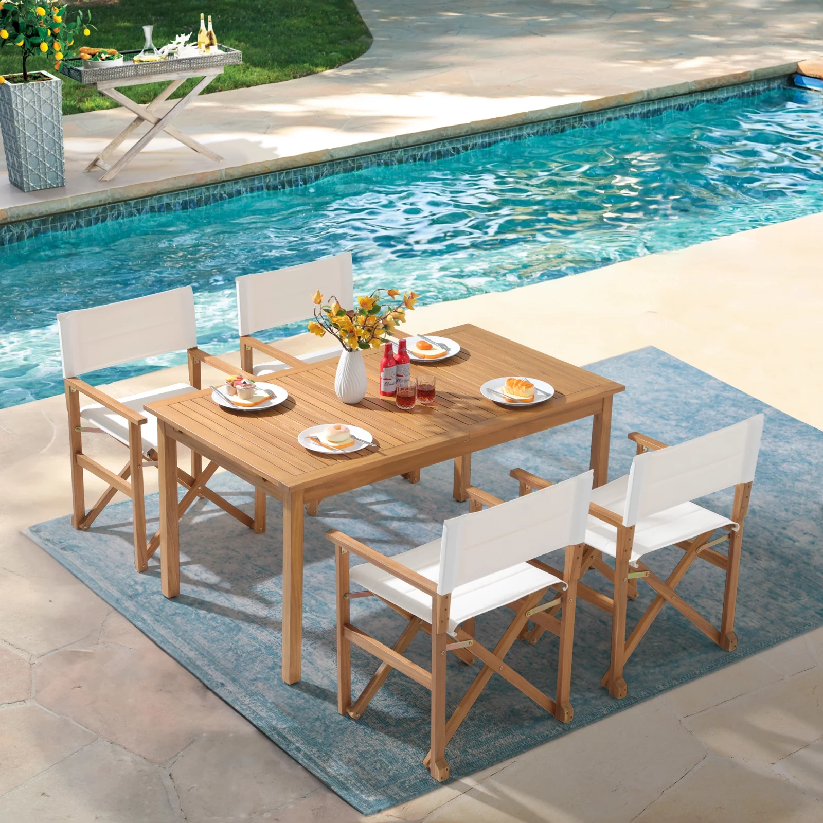 OC Orange-Casual 5 Piece Patio Dining Set, Outdoor Acacia Wood Furniture Set, Extendable Rectangular Table and 4 Folding Director chairs w/Soft Padding, FSC Certified, for Deck Garden Backyard