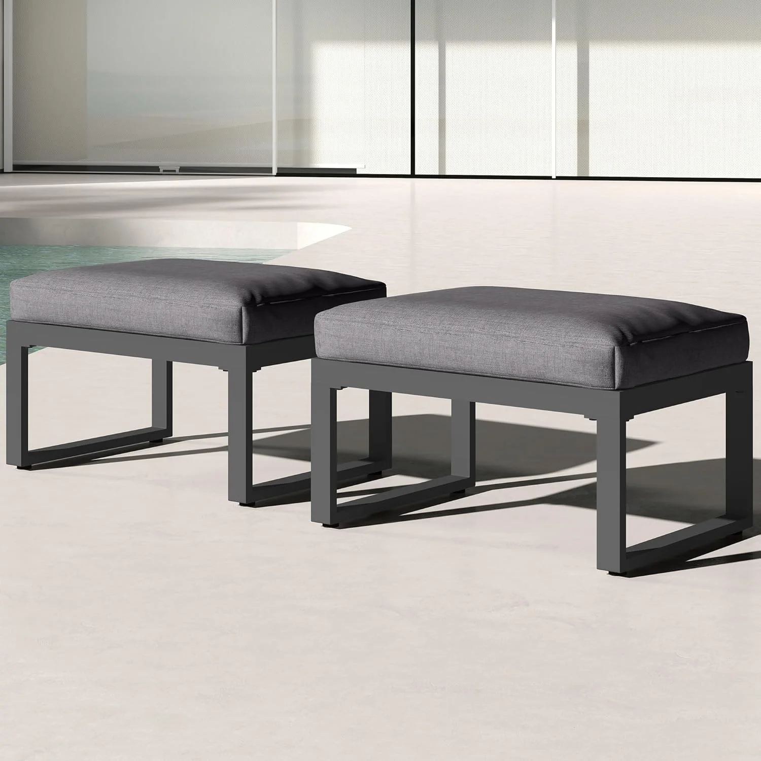 Royalcraft 2 Pieces Aluminum Outdoor Patio Ottoman Set, Outdoor Foot Stools with Thick Cushion, Small Seat Furniture for Porch Balcony Backyard, Grey