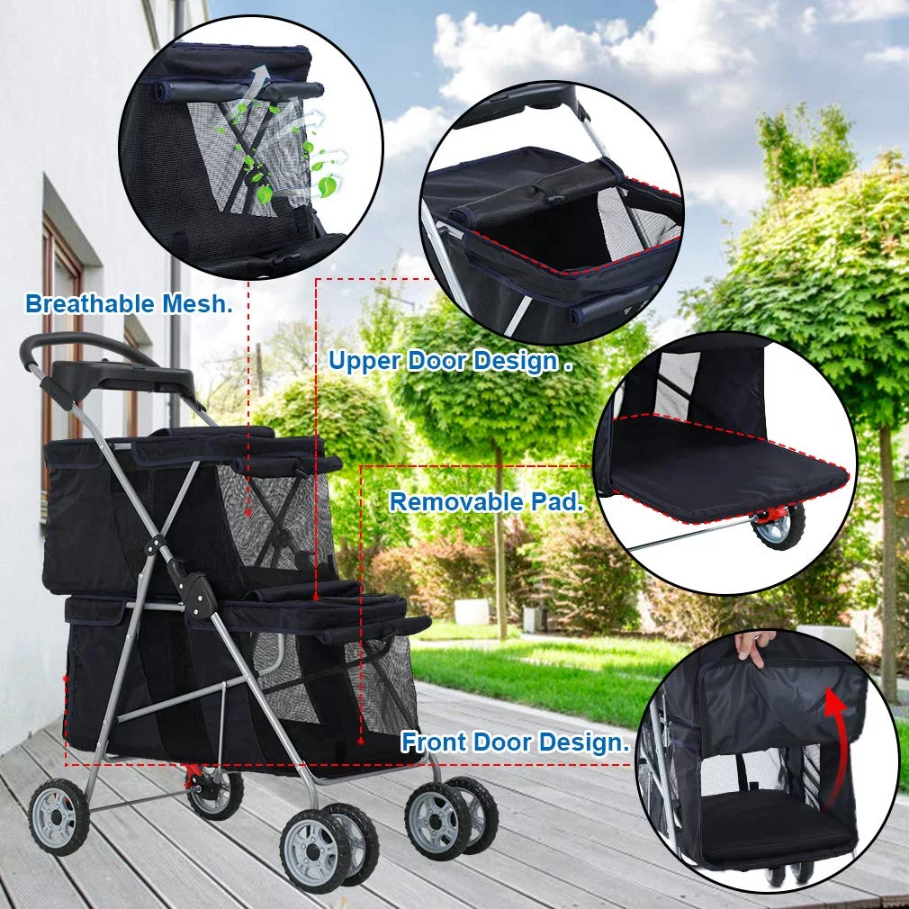 Double Pet Stroller for 2 Small Medium Dogs or Cats, Travel Folding Carrier Waterproof Puppy Stroller