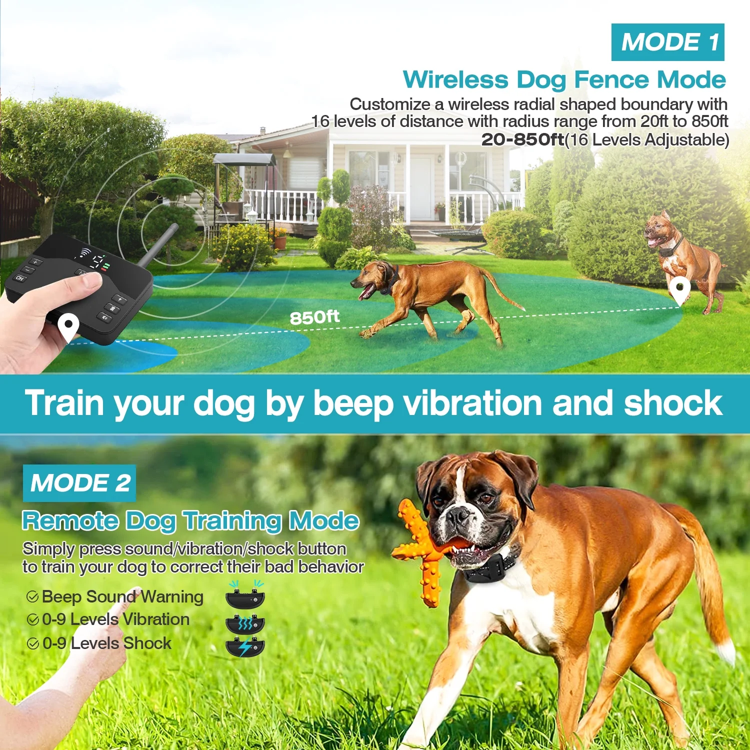 Wireless Dog Fence Collar System iMounTEK 2 In 1 Electric Pet Boundary Containment Rechargeable IPX6 Waterproof Support 20-850ft Suitable with 1 Receiver Collars for 15-120LBS Dogs Gold