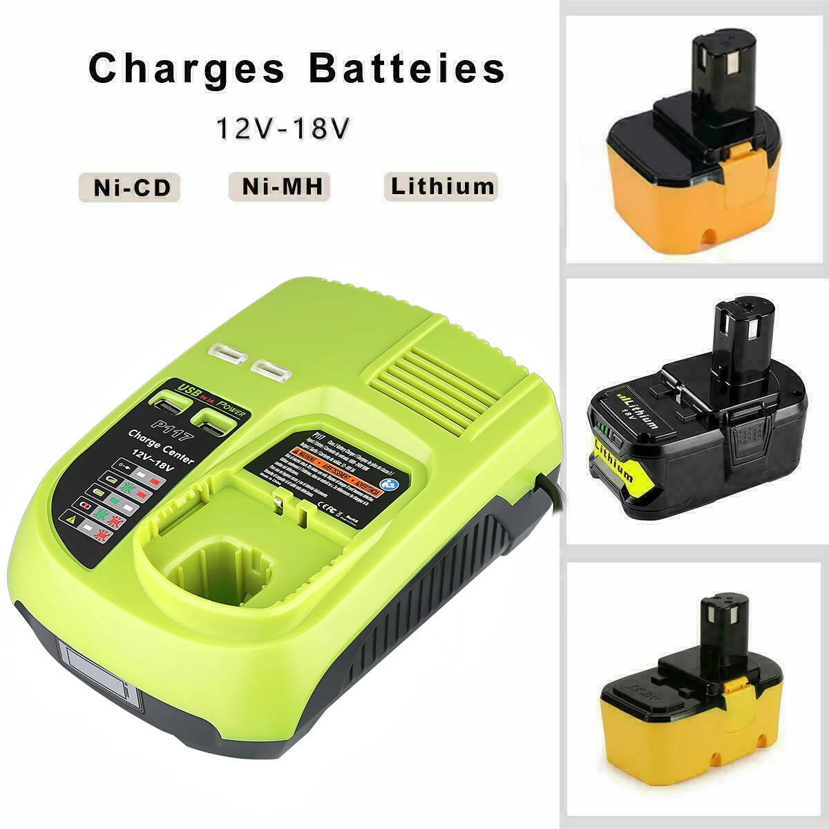 Vinida P117 Dual Chemistry Battery Charger Replacement for Ryobi 18V Battery Charger+ 2PACK FOR Ryobi 130429054 Battery 18V 4000mAh Li-ion Black P104