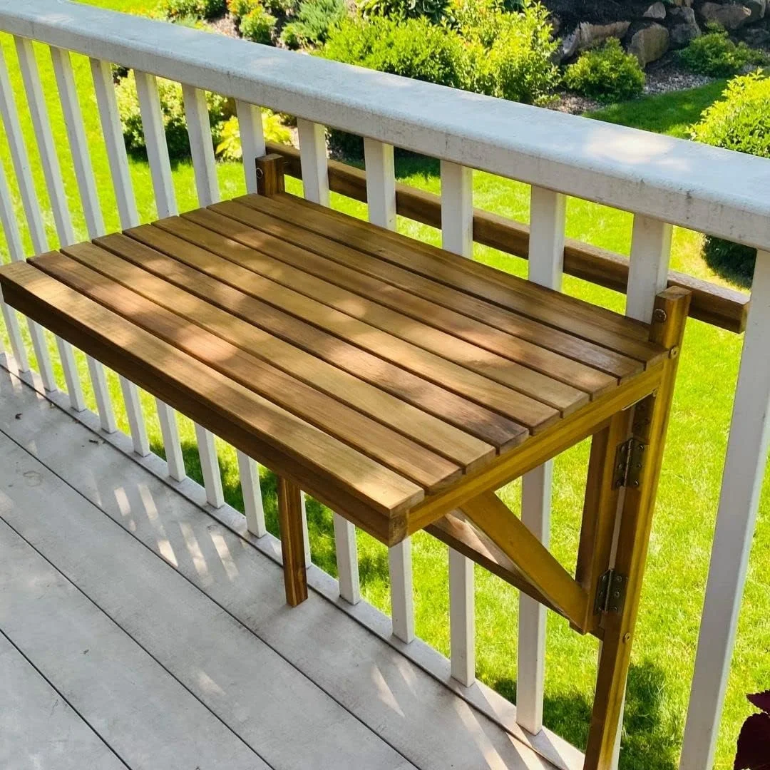 Outdoor Folding Balcony Table, Foldable Acacia Wood Deck Bar, Portable Apartment, Balcony, Railing, & Porch Furniture, 27-Inches W x 15 3/4-Inches D x 31.97-Inches H, Teak