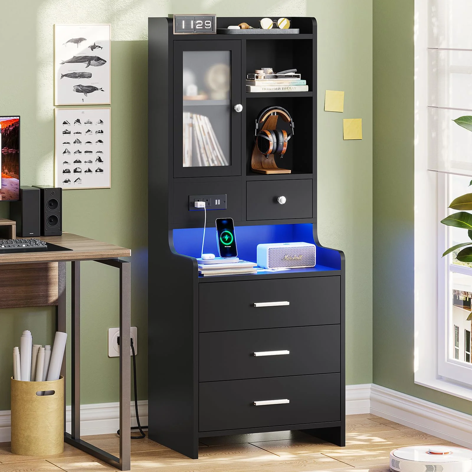 Tall Night Stand with Charging Station and LED Lights,49.2