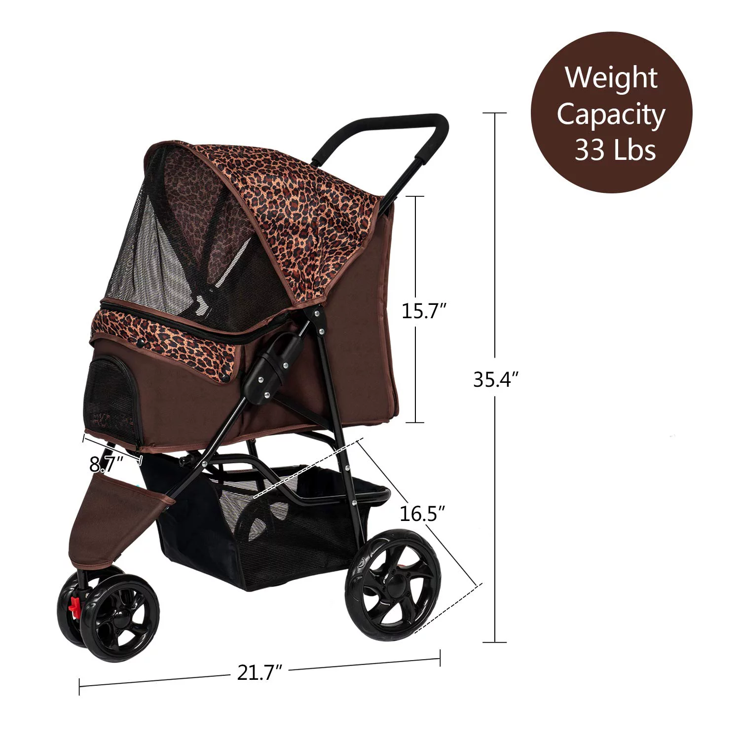 Kinbor Folding Dog Stroller - Pet Stroller w/3 Wheels, Storage Basket and Removable Liner, Leopard Brown
