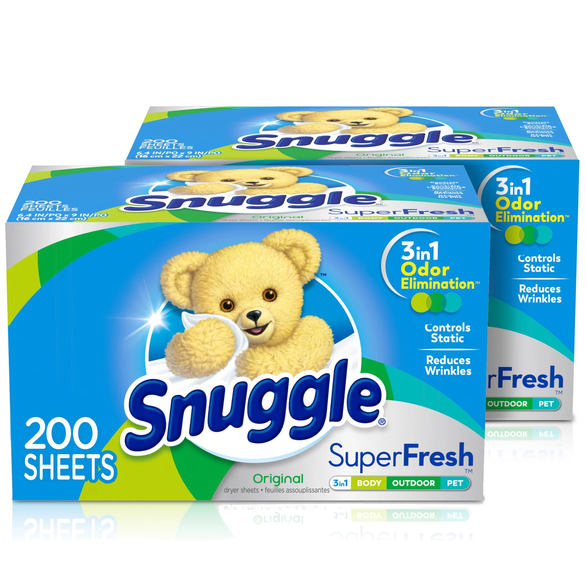 Snuggle Plus SuperFresh Fabric Softener Dryer Sheets with Static Control and Odor Eliminating Technology, Original, 200 Count, 2 Boxes, 400 Total Sheets