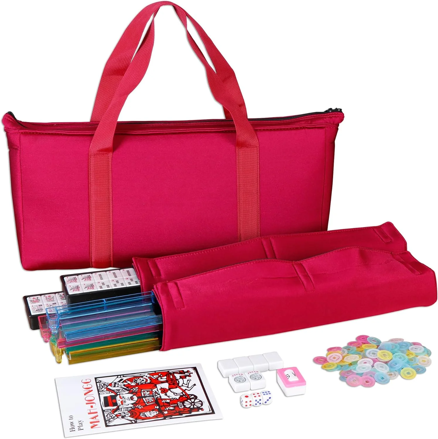American Mah Jongg Mahjong Set 166 Tiles, 4 Colors All-in-One Rack/Pushers, Red Paisley Soft Bag and Accessories –Classic Full Size Complete Mahjongg Mah Jong Set