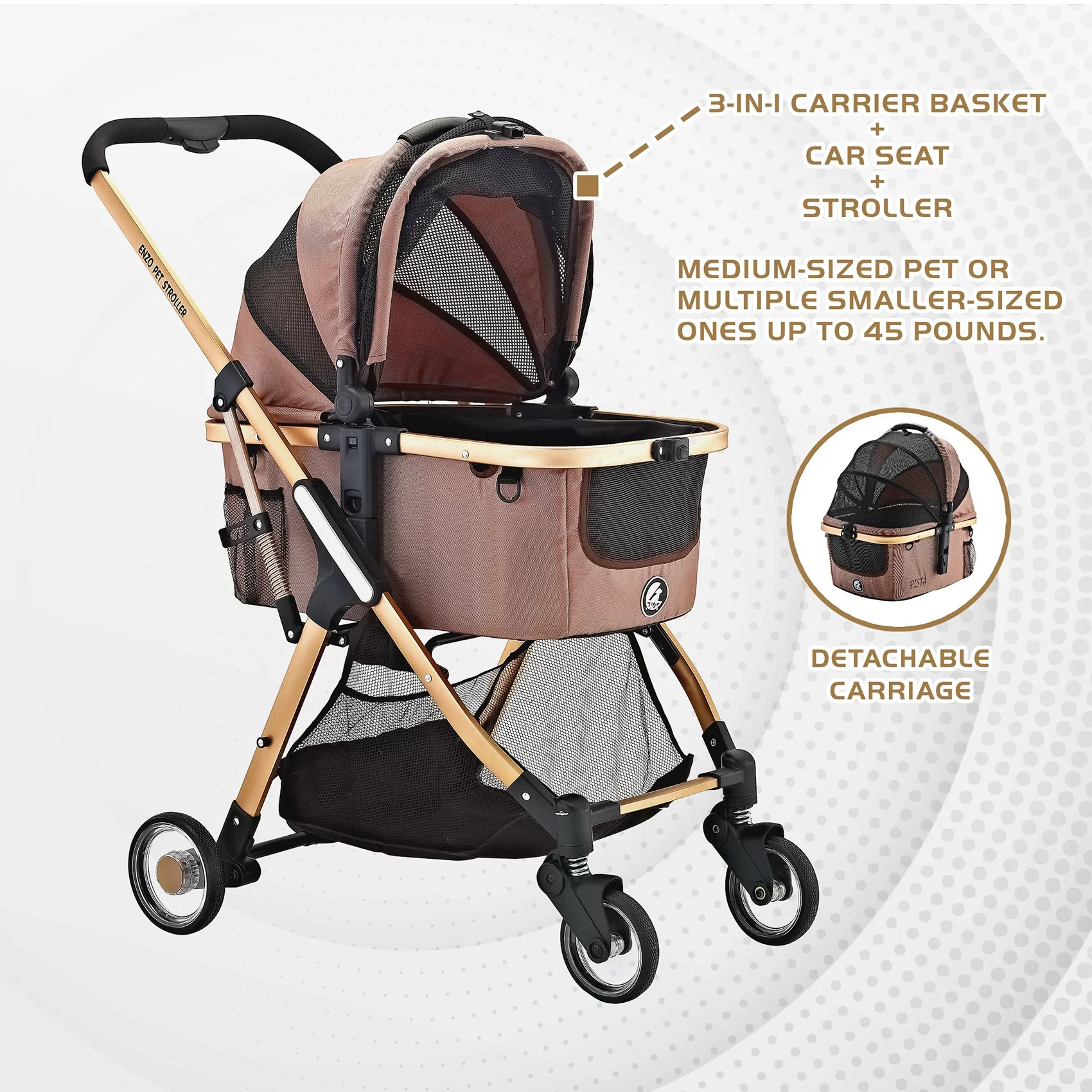 ENZO Pet Stroller Pista Super-Lightweight 3-In-1 Stroller, Travel Carrier, Car Seat For Pets (Gold)