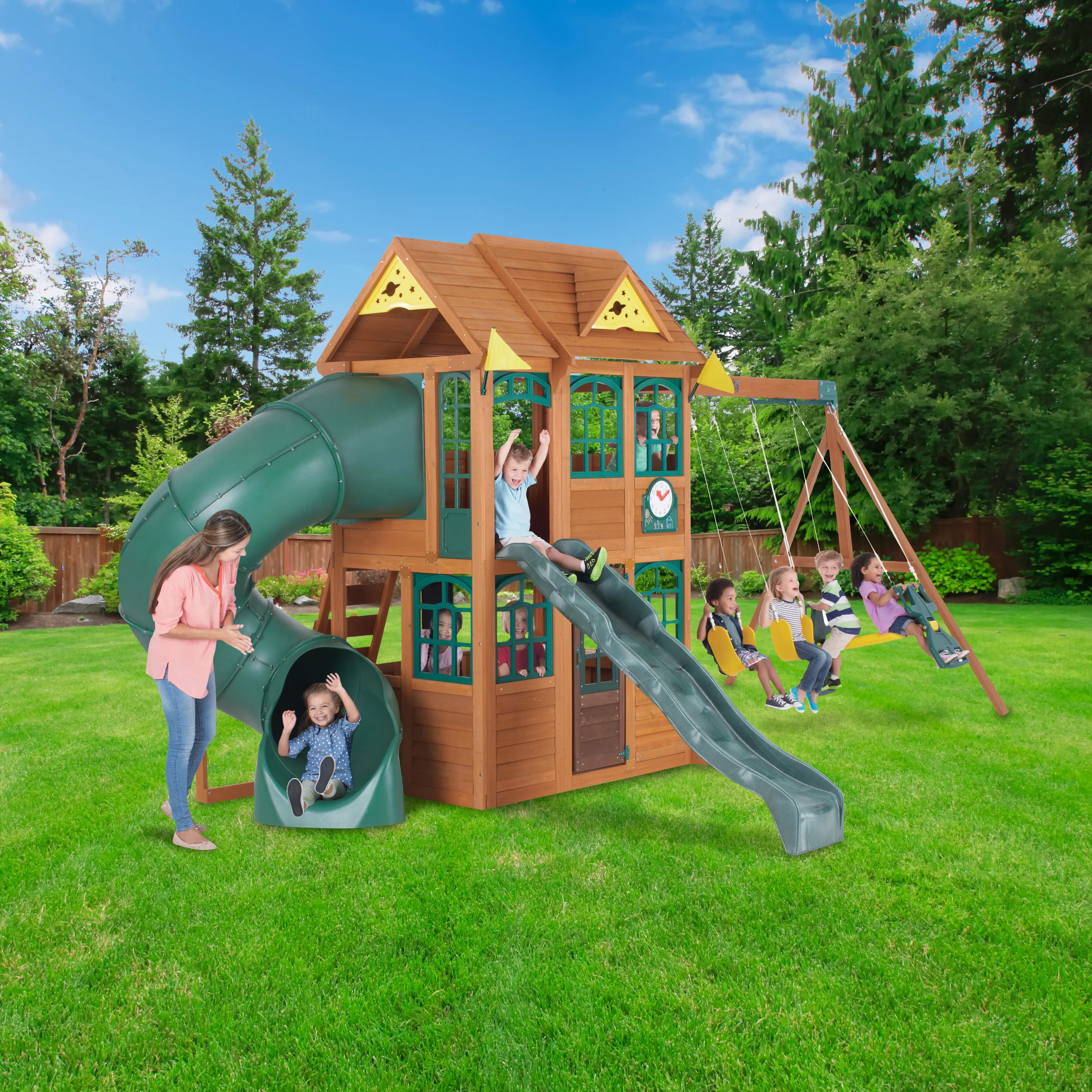 KidKraft Charleston Lodge Wooden Outdoor Swing Set / Playset with Slides, Swings, Kitchen and Bench