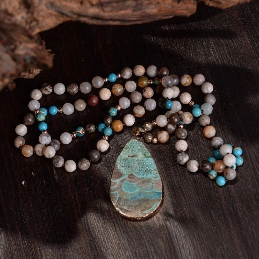 Natural Amazonite Gemstone Mala Beads Healing Meditation Long Women Men Necklace