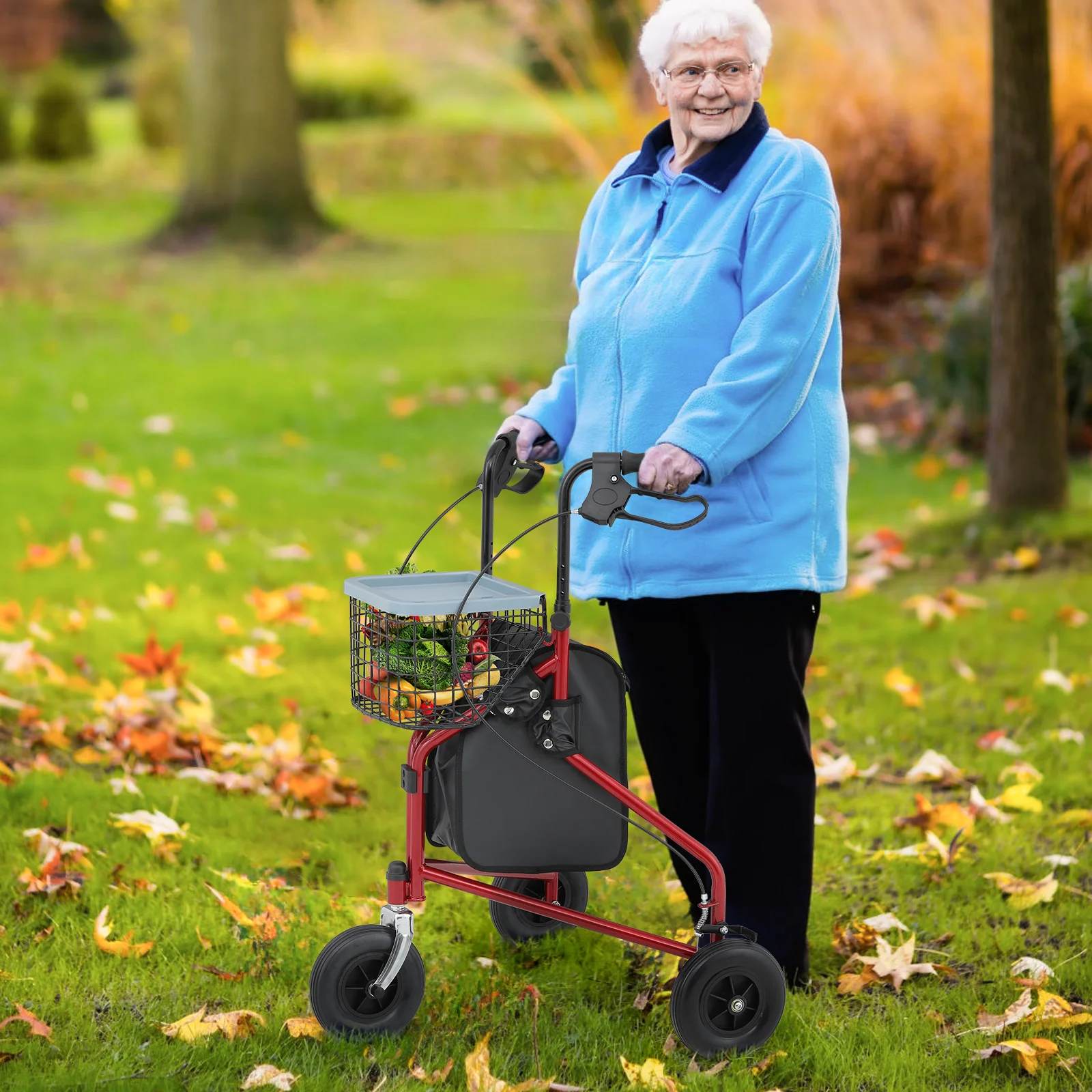 Magshion Folding Steel Rollator Walker, Rolling Walker with w/Oxford Bag & Detachable Basket for Adult, 3 Wheels 220lbs Weight Capacity, Burgundy Red Frame
