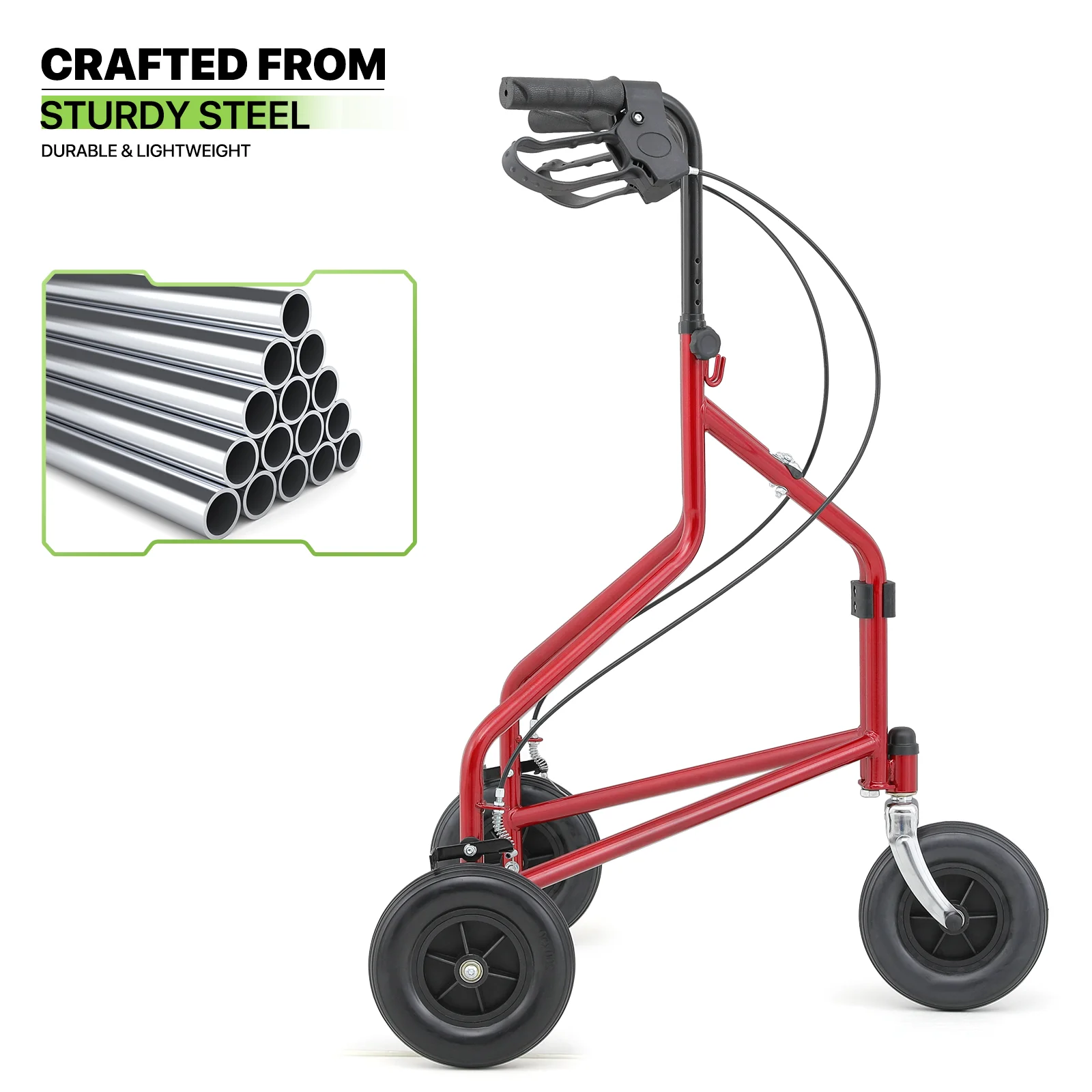 Magshion Folding Steel Rollator Walker, Rolling Walker with w/Oxford Bag & Detachable Basket for Adult, 3 Wheels 220lbs Weight Capacity, Burgundy Red Frame