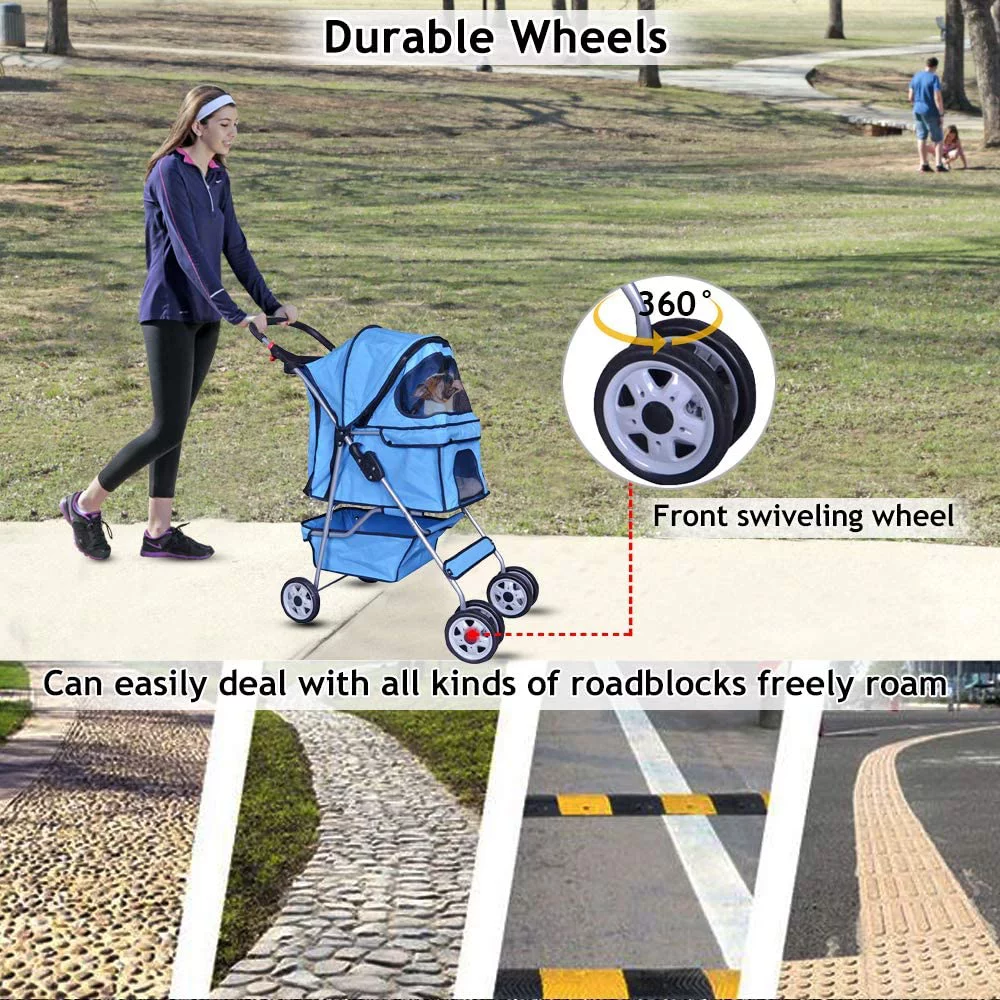 Dkelincs Pet Stroller- Folding Cat Stroller for Medium Dogs with 4 Wheel & Cup Holder, Blue