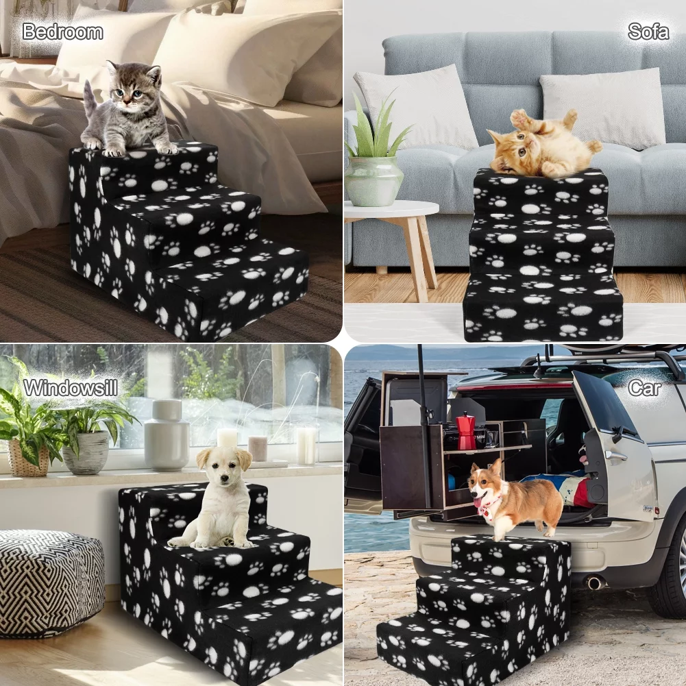 Vivifying Pet Stairs 3 Steps Indoor Dog Cat Steps Bed Ramp for Puppies up to 45 lbs Black with Paw