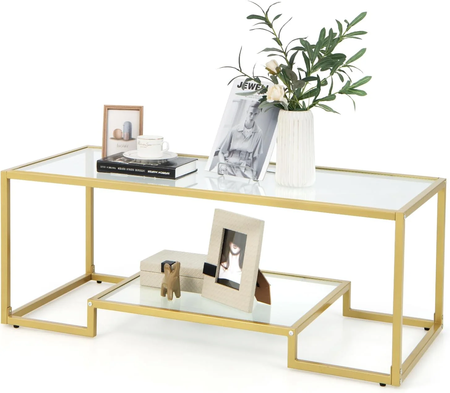 U-SHARE Coffee Table, Black Modern Tempered Glass Coffee Table, 45 Inch Rectangular Center Table with Glass-Top Lower Storage Shelf, Sturdy Metal Frame, for Living Room Home Office