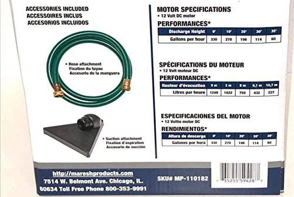 12-volt DC 1/10th HP 330 GPH Battery Powered Portable Mini Water Transfer Utility Pump with Metal Connectors for Standard 3/4