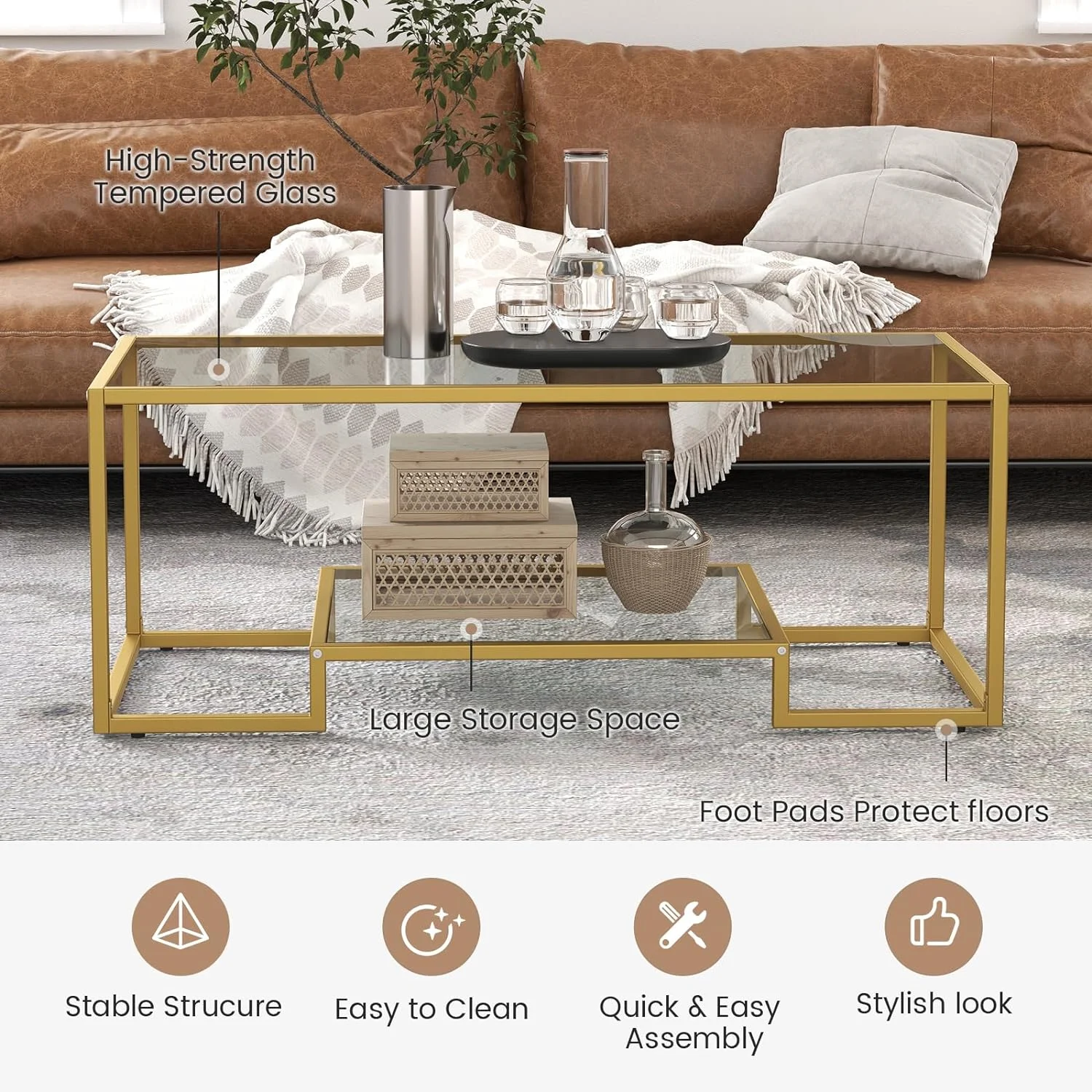 U-SHARE Coffee Table, Black Modern Tempered Glass Coffee Table, 45 Inch Rectangular Center Table with Glass-Top Lower Storage Shelf, Sturdy Metal Frame, for Living Room Home Office