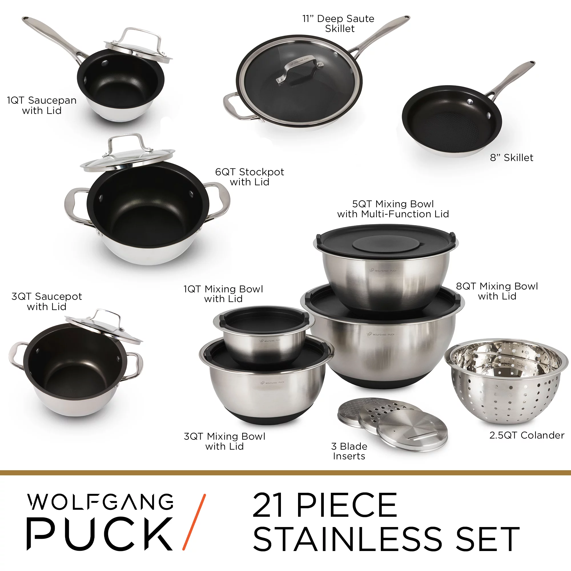 Wolfgang Puck 21-Piece Stainless Steel Cookware and Mixing Bowls Set, Non-Stick Pots, Pans & Skillets