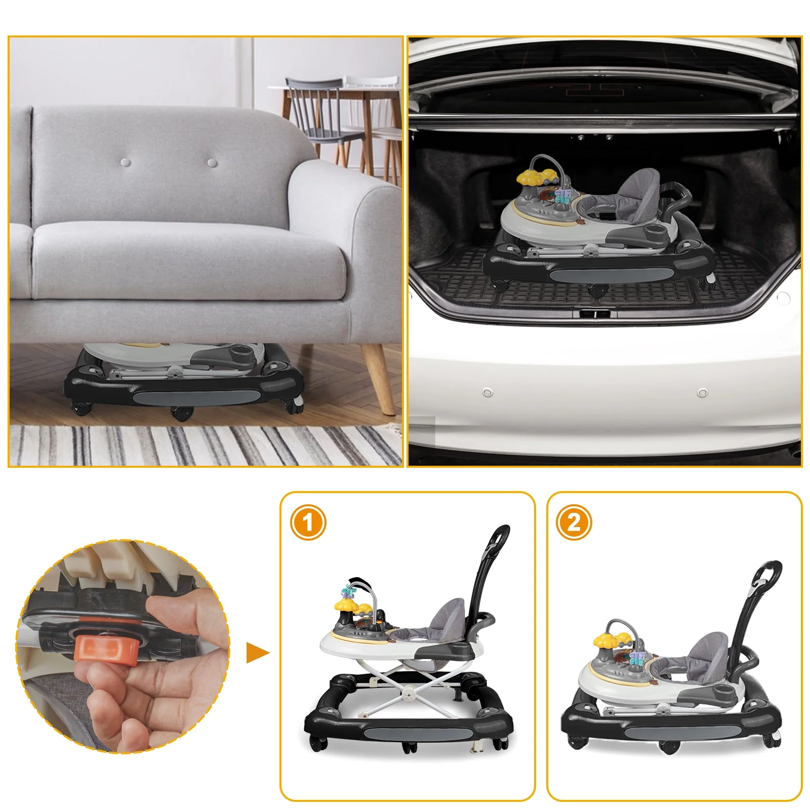 ANJORALA Baby Walker with Music and Toys, Infant Walker for Boys Girls, Adjustable Heights, Black