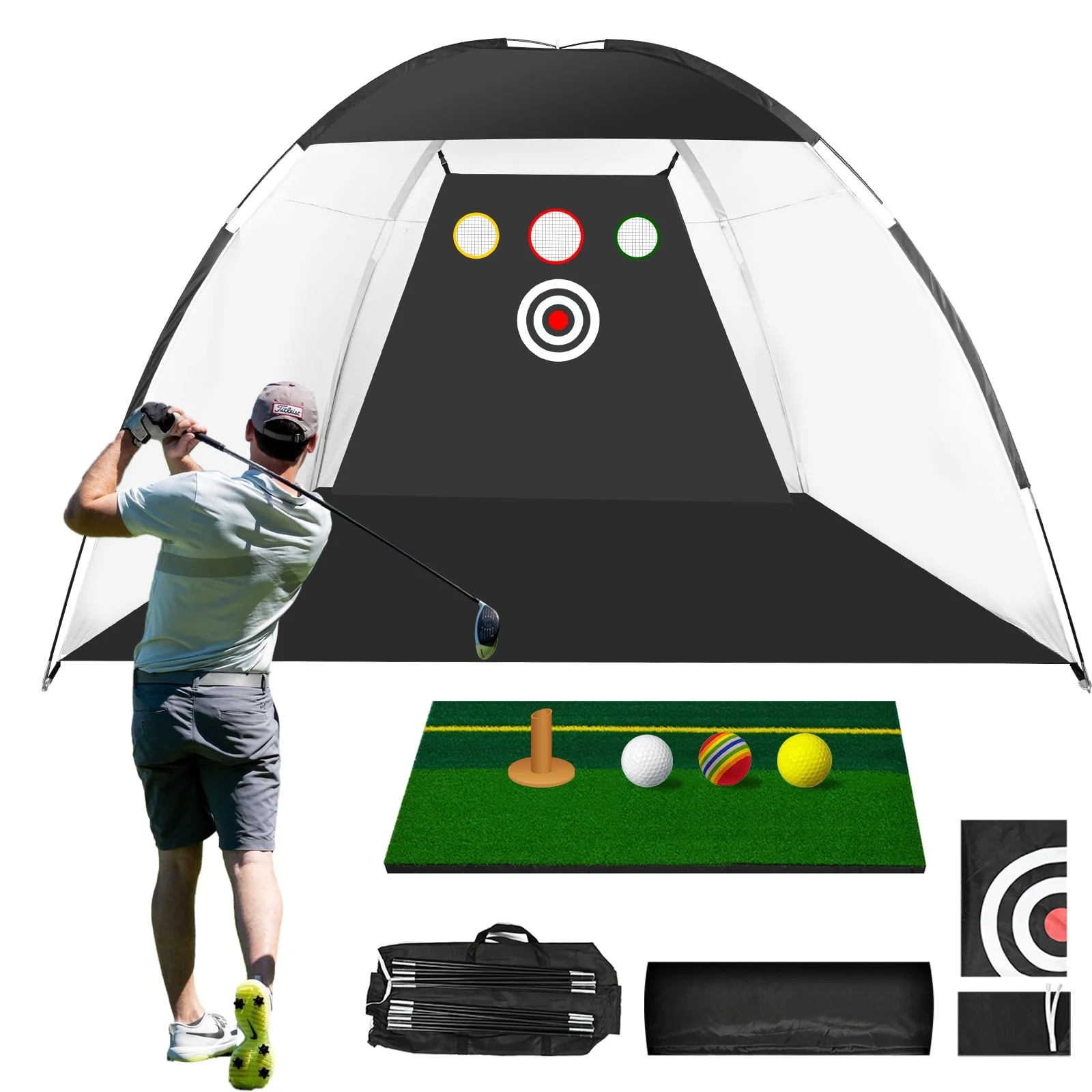 Slsy Golf Practice Net, 3M/10FT Golf Hitting Nets with Hitting mat, 3 Balls, a Tee and a Carry bag, Golf Foldable Training Aids Practice Nets for Men Kids Indoor Outdoor Sports Game