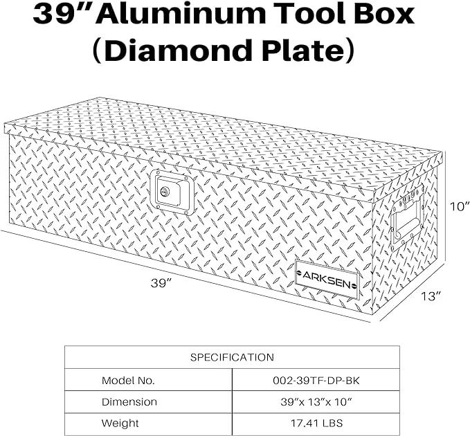 ARKSEN 39 inch Heavy Duty Aluminum Diamond Plate Tool Box, Truck Bed RV Trailer Toolbox Storage with Side Handle and Lock Keys