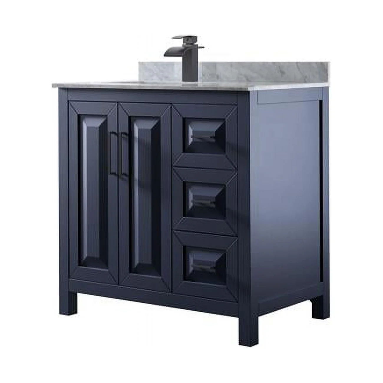 36 in. Daria Single Bathroom Vanity with White Carrara Marble Countertop, Undermount Square Sink & Matte Black Trim - Dark Blue
