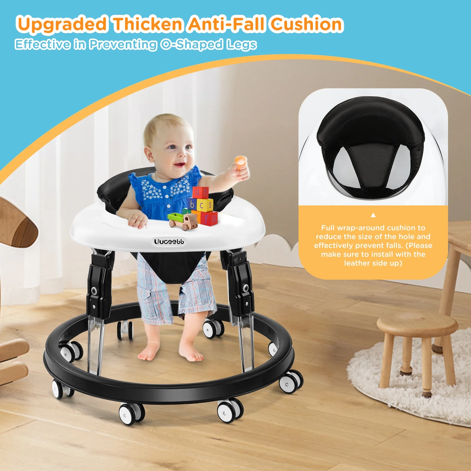 Uuoeebb Foldable Baby Walker Anti-Rollover 8-Wheel 5-Speed Height Adjustment for Infants 6-12 Months, Black