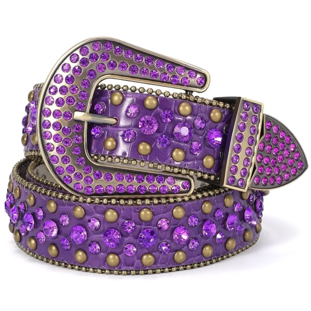 JASGOOD Rhinestone Belts for Women Western Cowgirl Diamond Leather Purple Belt for Dresses Jeans
