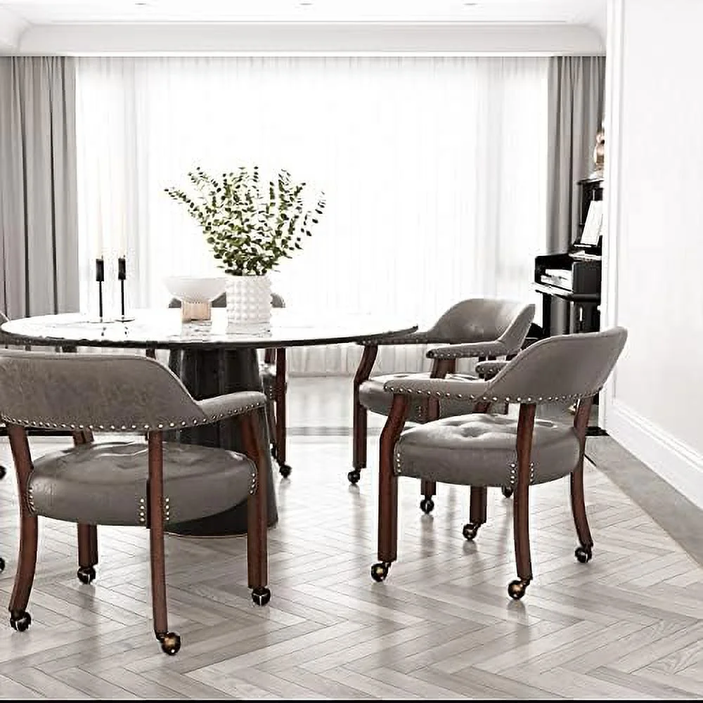 WTYNKAE Dining Chair with Casters  Kitchen Table Chair with Caster & Arms  Roller Poker Table Chairs with Wheels  Wood Captains Game Table Rolling Chairs(Cherry&Purplish Blue 1533