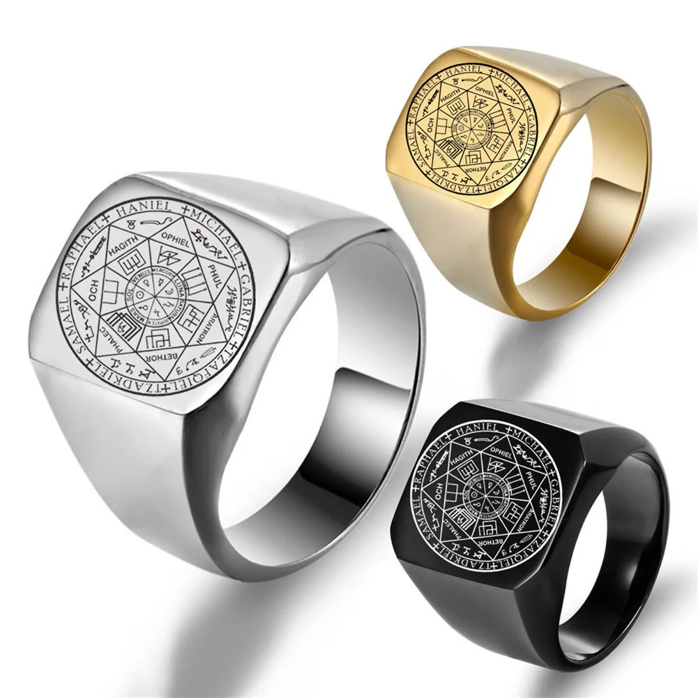 The Seals of The Seven Archangels Ring for Men,Protection Seal Solomon Kabbalah Signet Band Stainless Steel Polished Ring Amulet Jewelry for Him