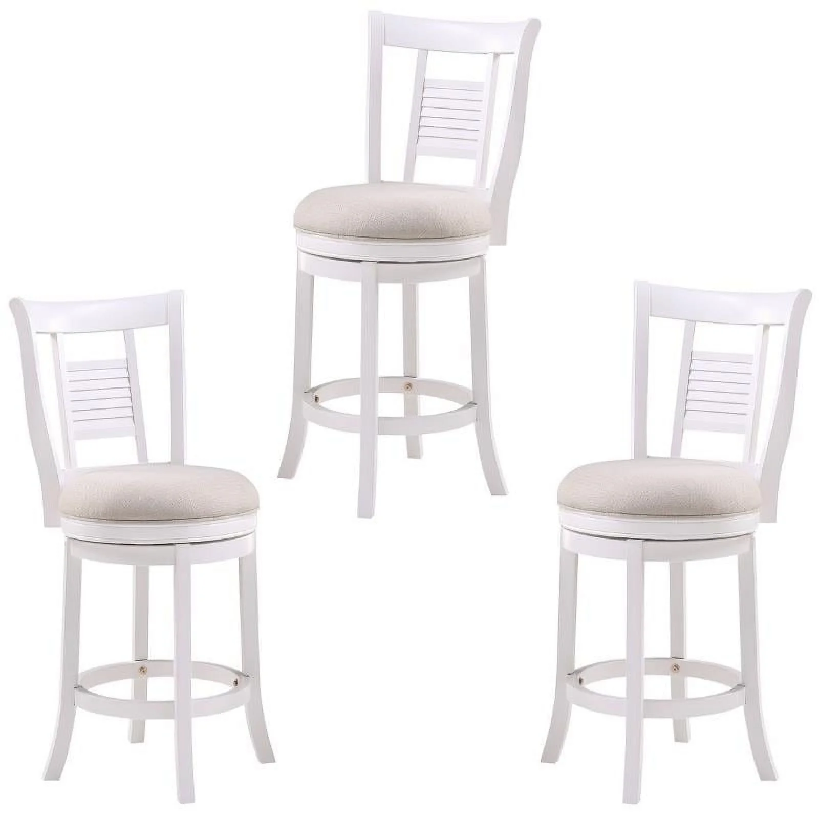 Home Square 3 Piece Upholstered Solid Wood Swivel Counter Stool Set in White