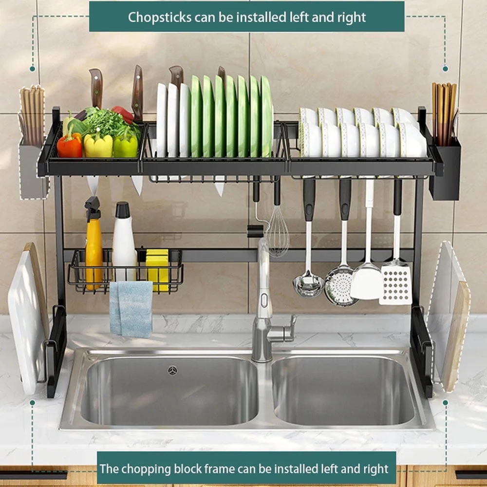 Over The Sink Dish Drying Rack, Large Stainless Steel Drainage Rack 2 Tier Dish Drainer Kitchen Count Organization and Storage 33.4 Inch