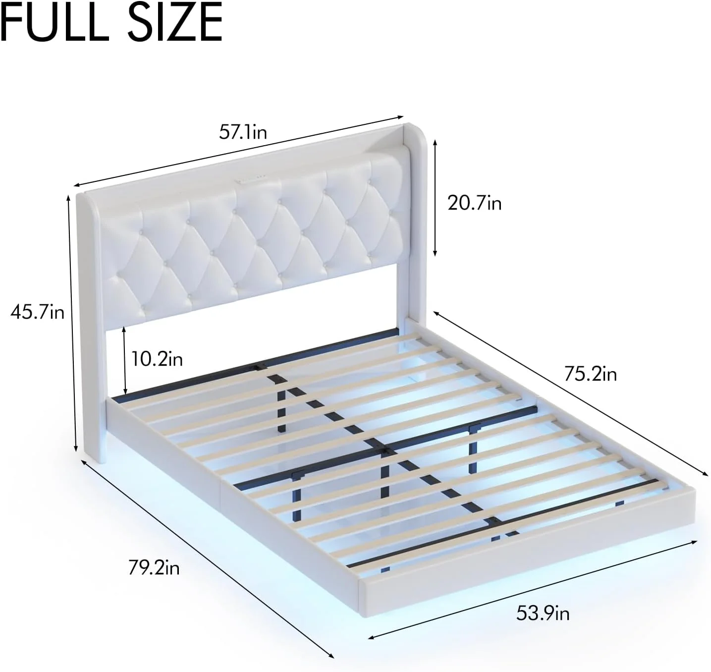Full Size Floating Bed Frame with LED Lights, Upholstered PU Leather Platform Bed with Charging Station & Button Tufted Headboard Storage, No Box Spring Needed, White